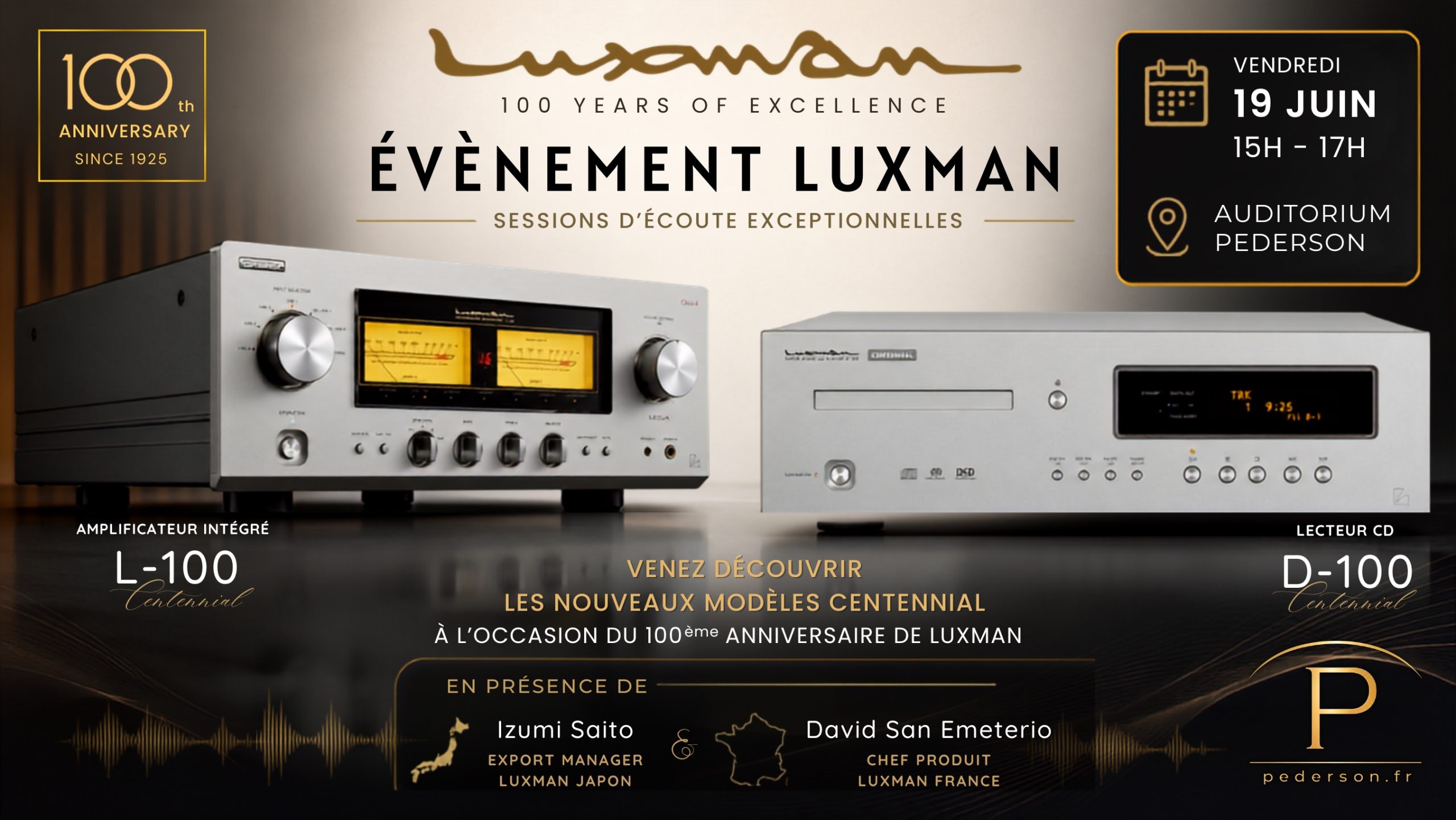 évènement audiophile luxman à l'auditorium pederson vannes morbihan bretagne centennial l-100 d-100 amplificateur lecteur cd sacd hifi haute fidélité 100 ans japon France